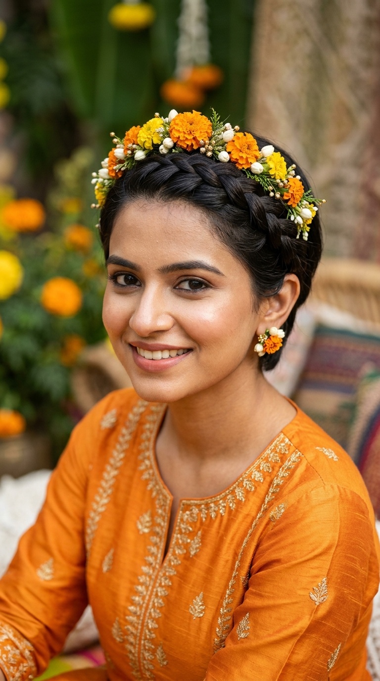 Front Dutch Braid with Marigold Tiara
