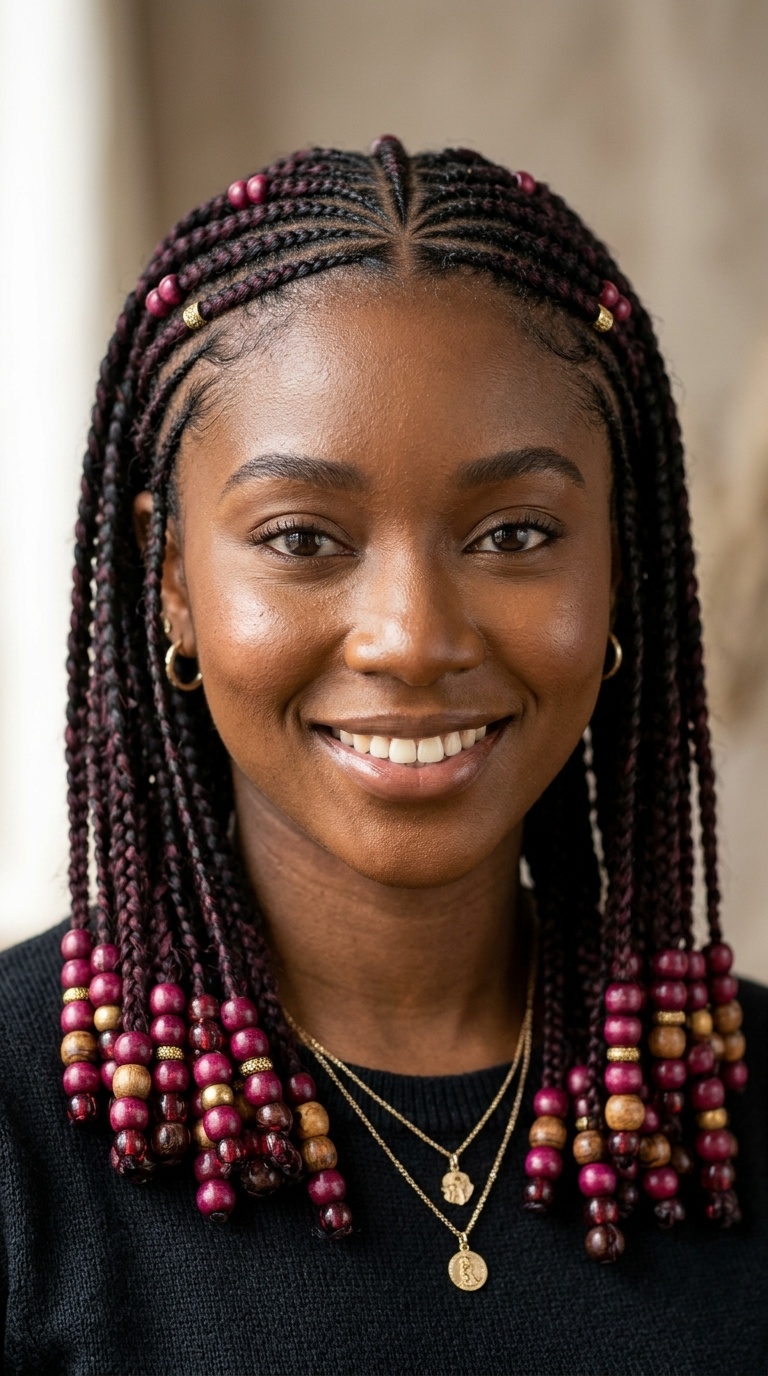 Fulani Braids with Burgundy Beads