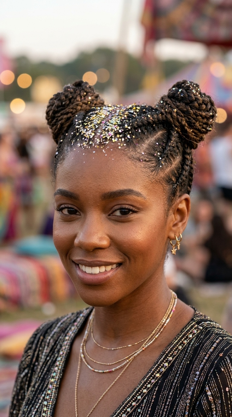 Glitter-Parted Cornrow Buns