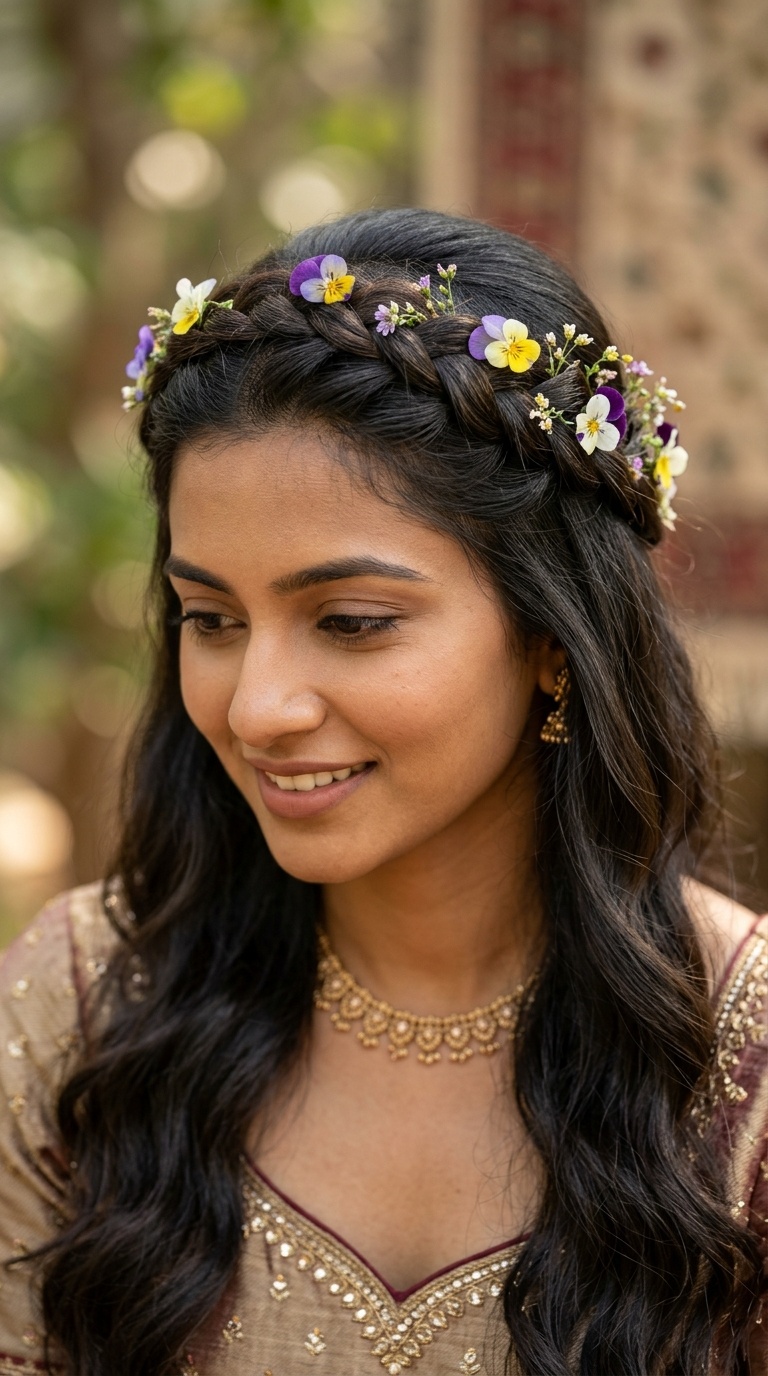 Half-Up Braided Crown with Small Pansies