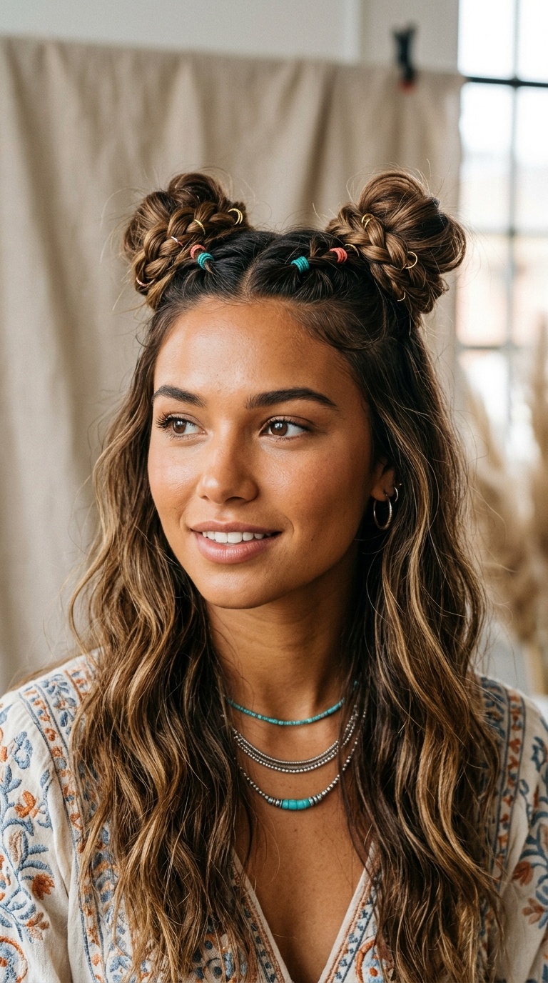 Half-Up Braided Space Buns