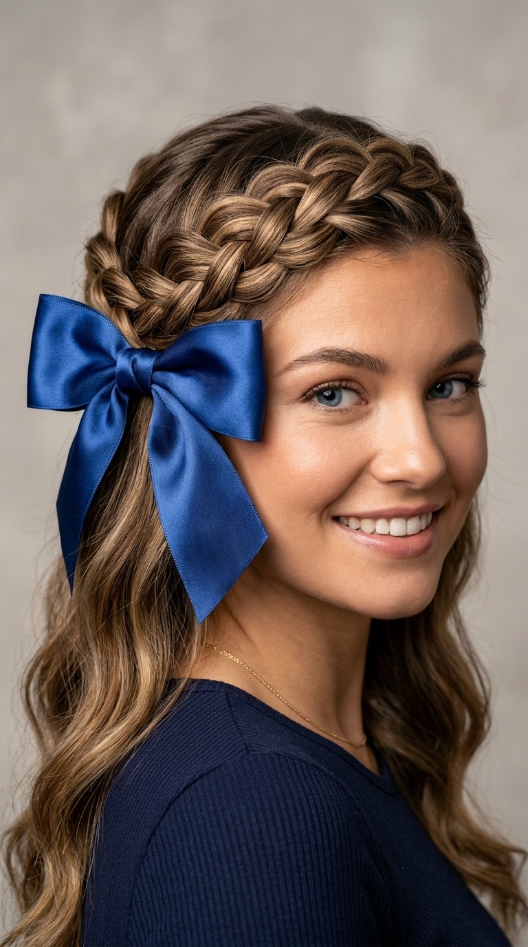 Half-Up Crown Braid with a Satin Bow