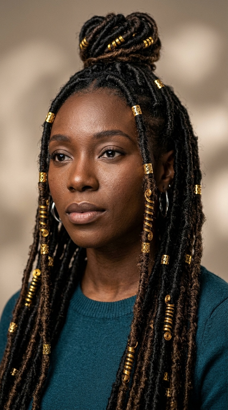 Half-Up Faux Locs with Gold Cuffs