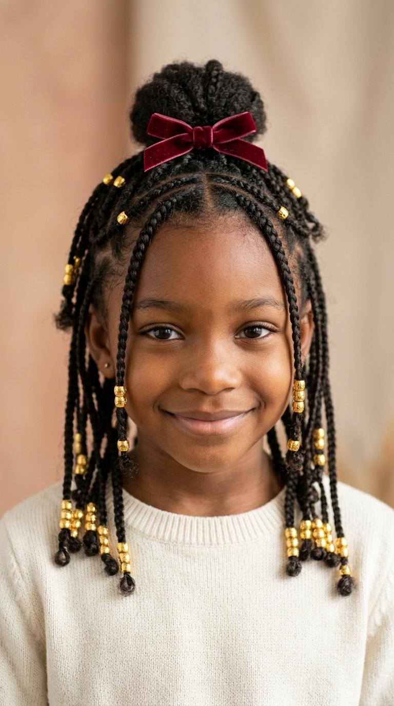 Half-Up Half-Down Braids with Gold Beads and Velvet Bows
