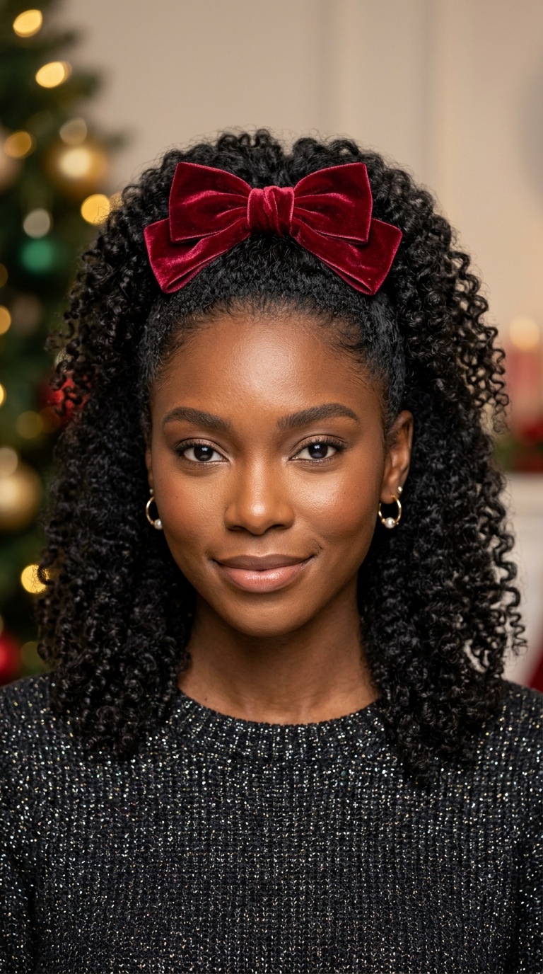 Half-Up Half-Down with a Red Velvet Bow