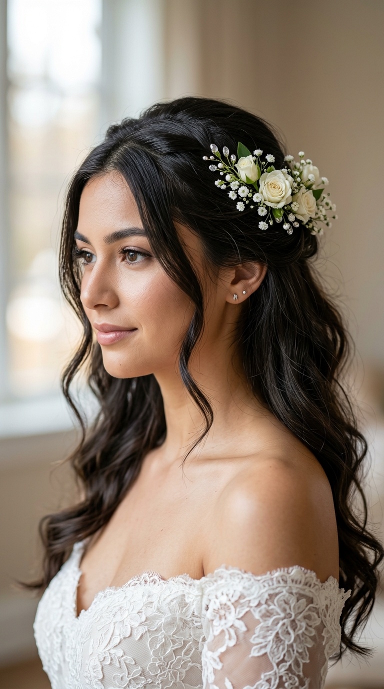 Half-Up Half-Down with Floral Accents
