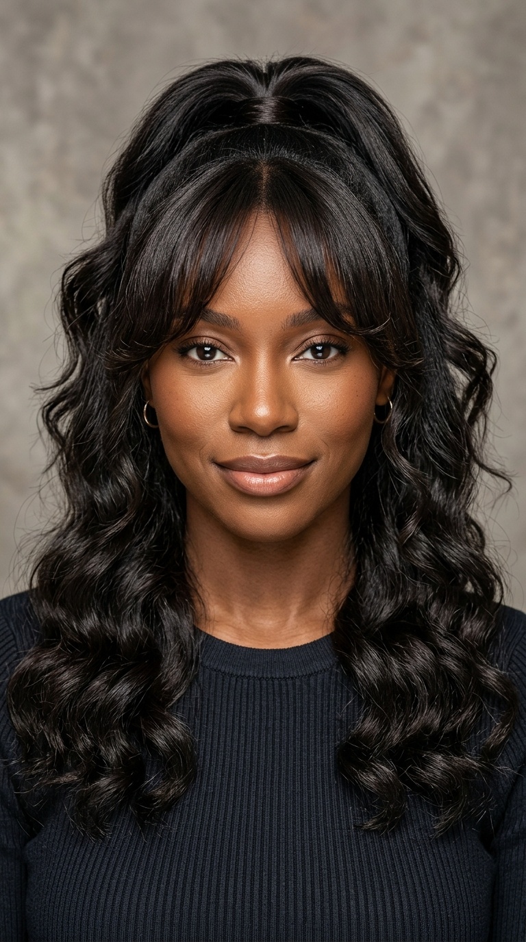 Half-Up Half-Down with Loose Waves and Curtain Bangs