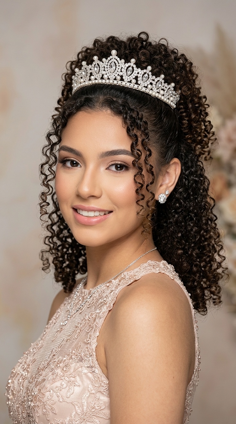 Half-Up Short Curls with a Statement Crown
