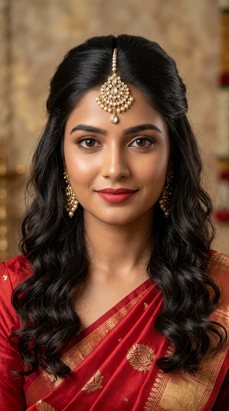 Half-Up Soft Curls with Maang Tikka