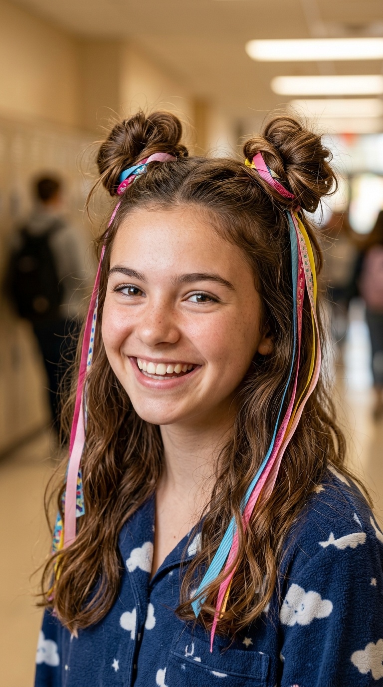Half-Up Space Buns with Cascading Ribbons