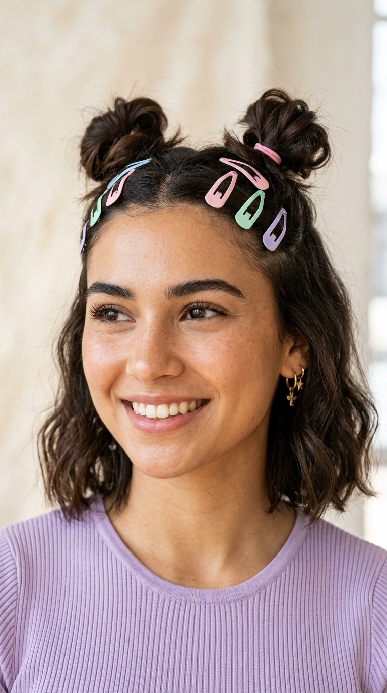 Half-Up Space Buns with Pastel Snap Clips