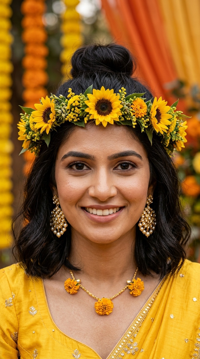 Half-Up Top Knot with Sunflower Wreath