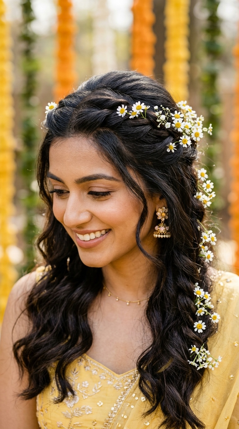Half-Up Twisted Crown with Daisy Pins