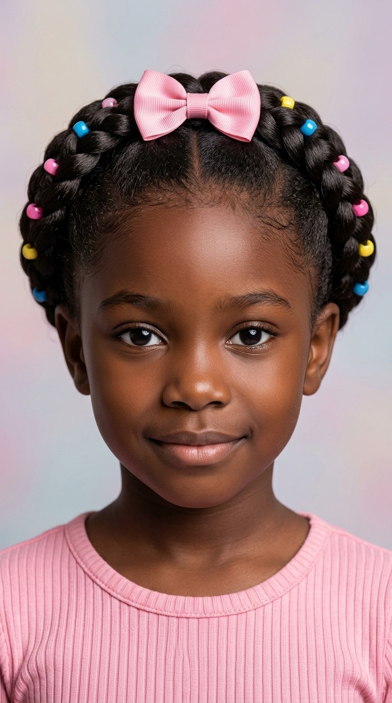 Halo Braid with Encircling Beads and a Back-Center Bow