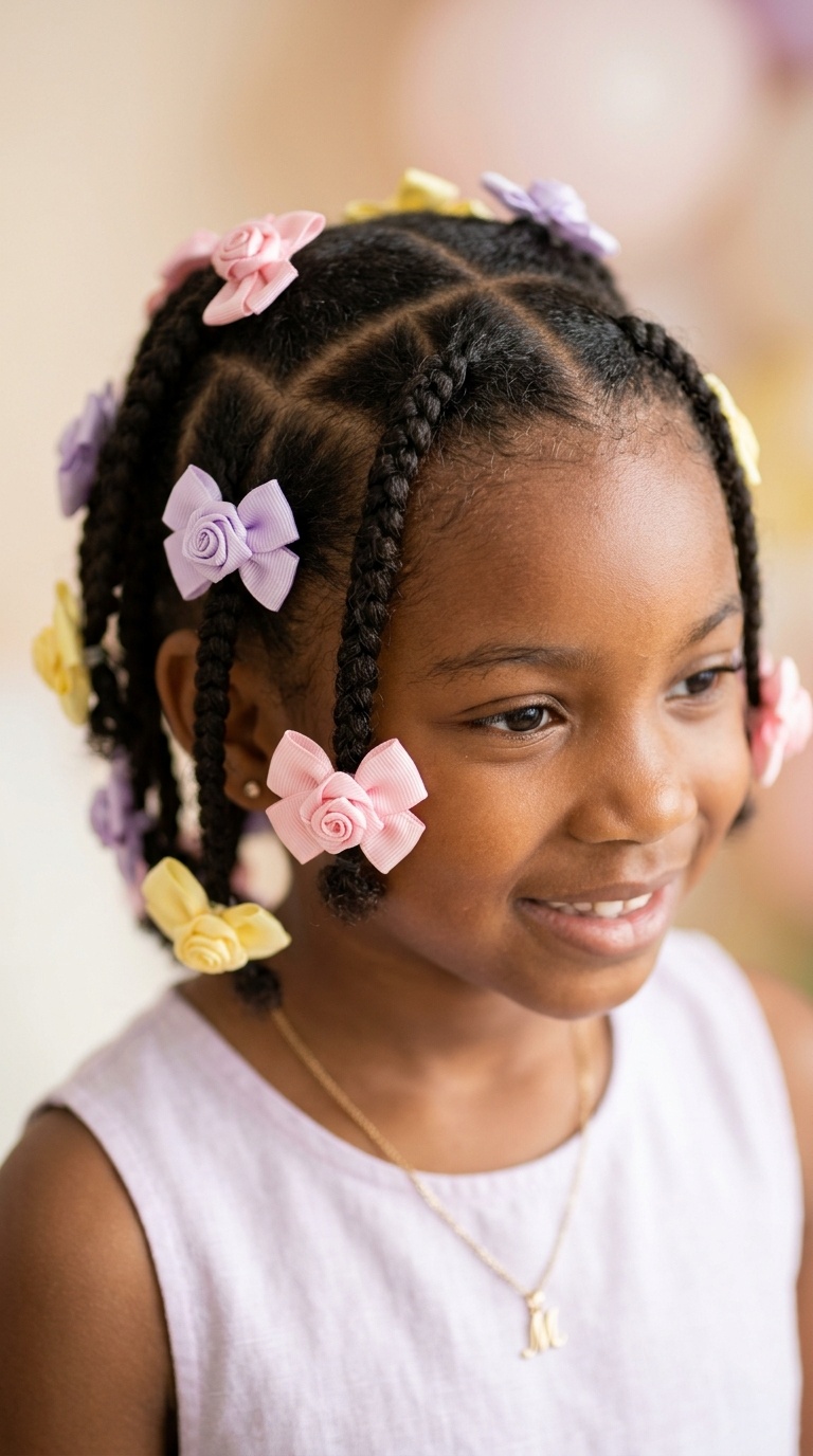Heart-Parted Cornrows with Rose Bows
