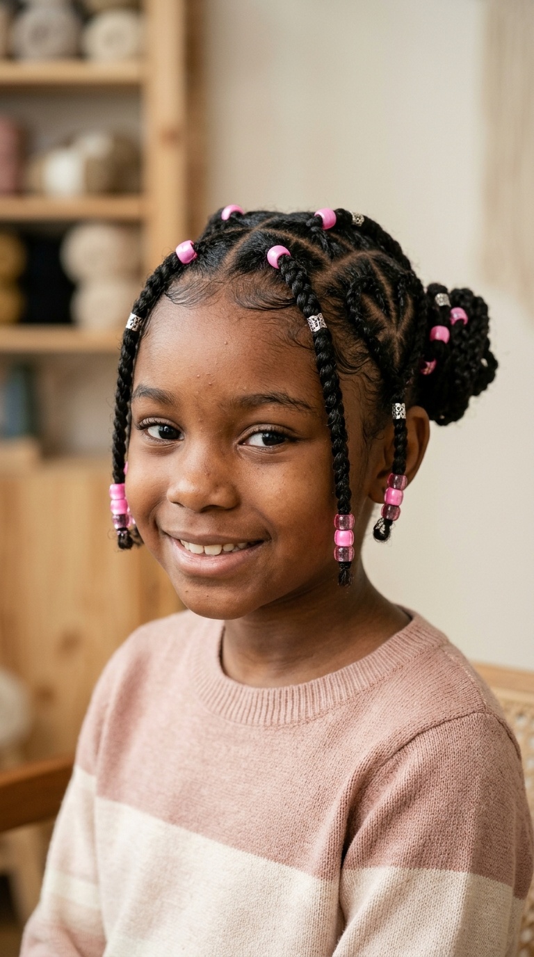 Heart-Shaped Cornrows with Pink Accents