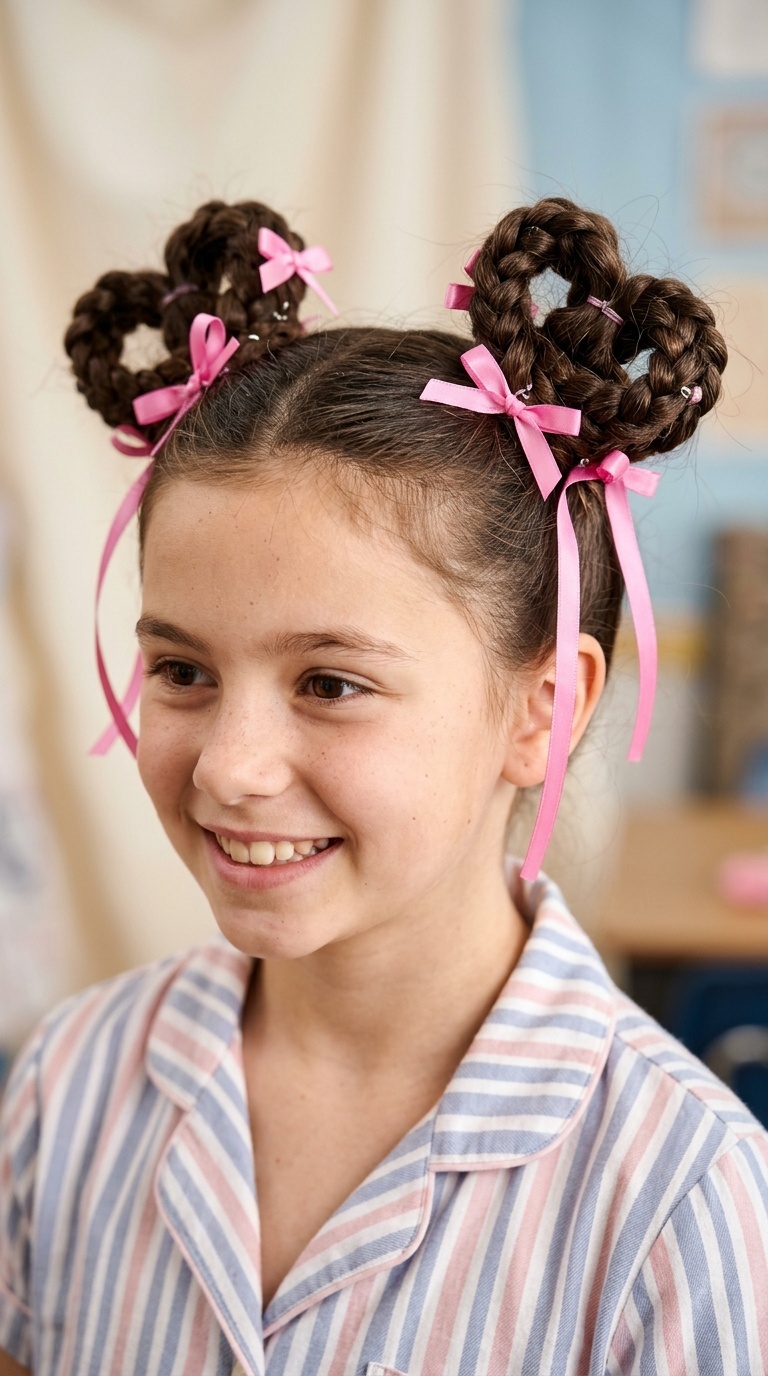 Heart-Shaped Space Buns with Pink Ribbons