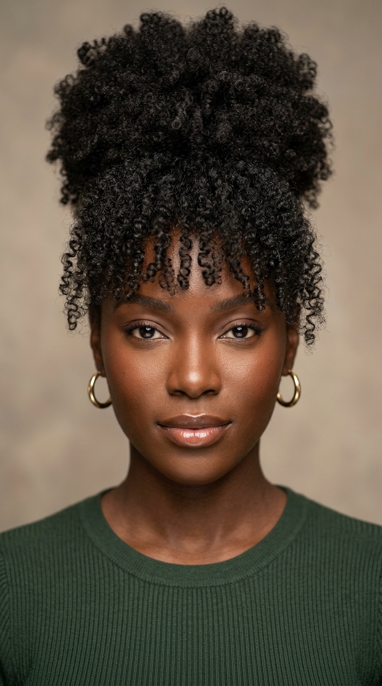 High Afro Puff Bun with Fringe