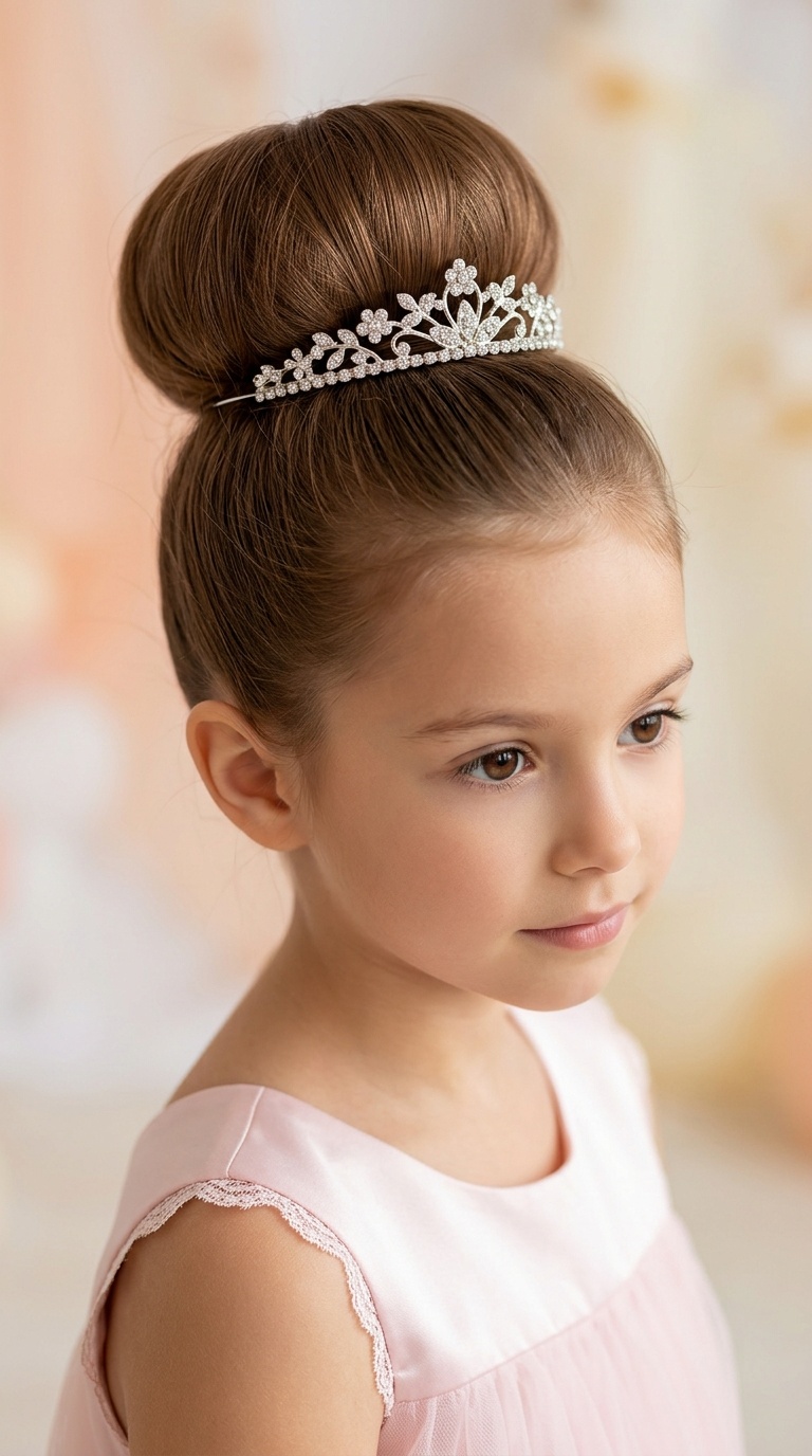 High Ballerina Bun with a Rhinestone Tiara