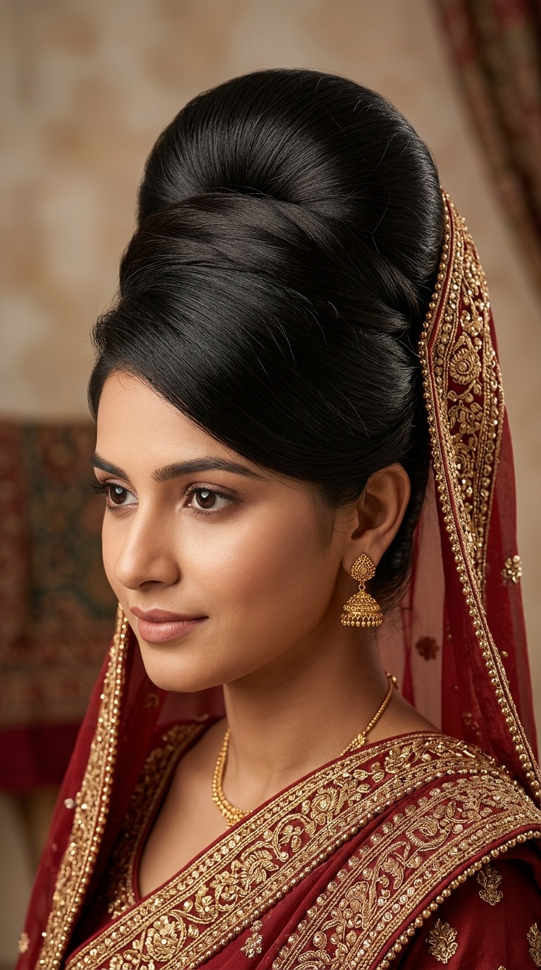 High Beehive Bun with Dupatta Support
