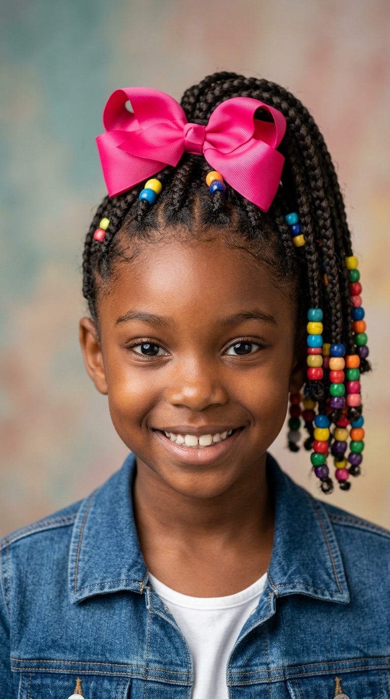 High Braided Ponytail with Multi-Colored Beads and a Giant Satin Bow