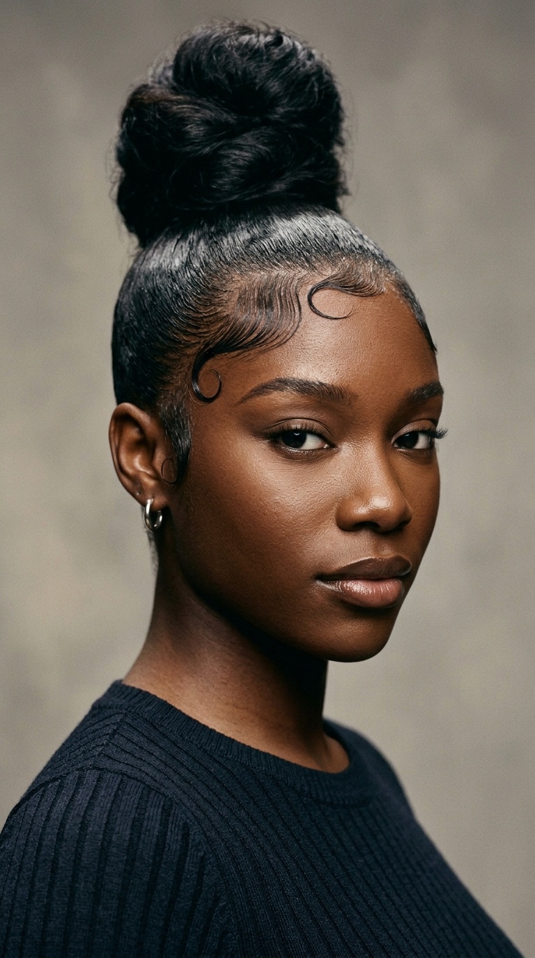 High Bun with Dramatic Swoop Edges