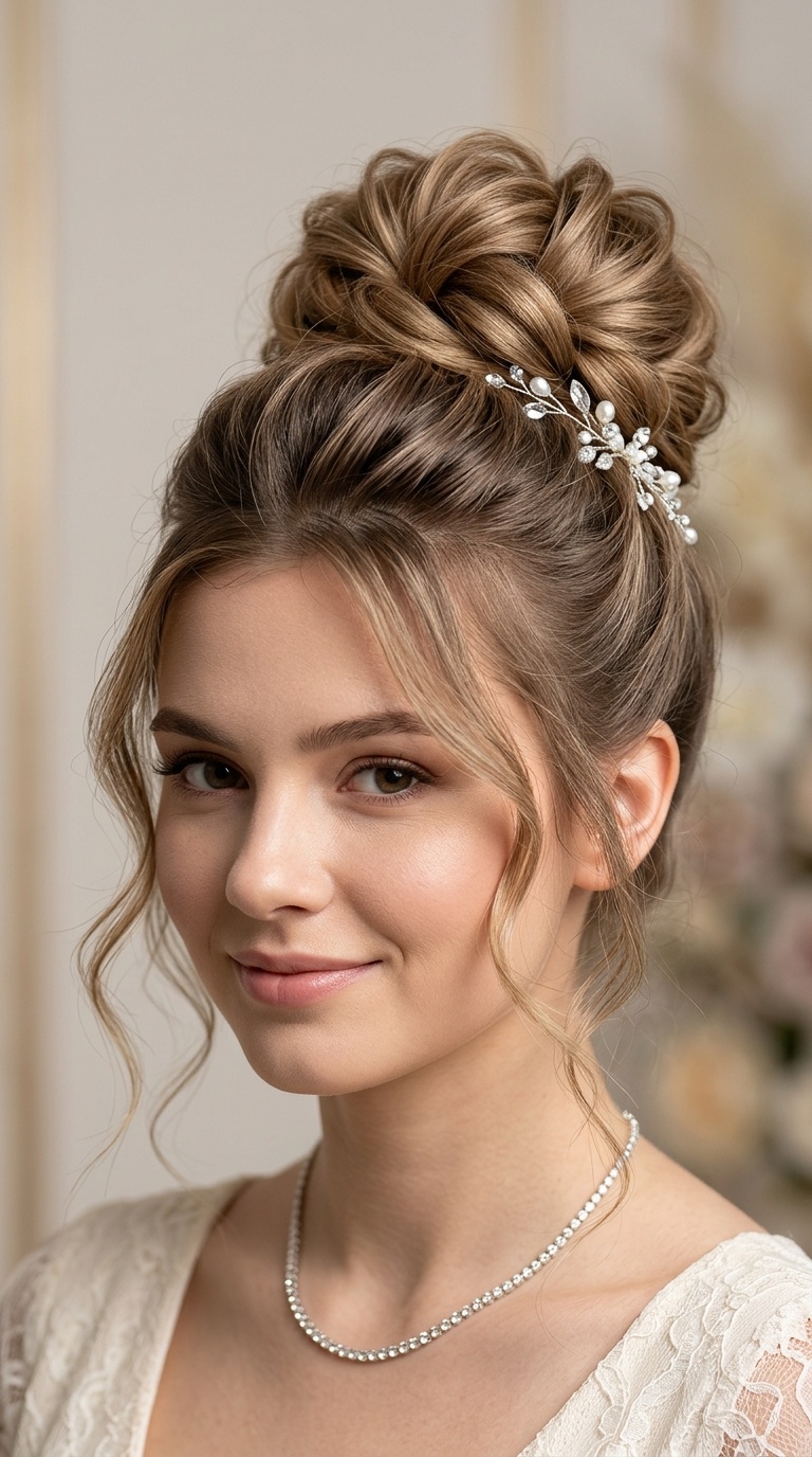 High Bun with Face-Framing Tendrils