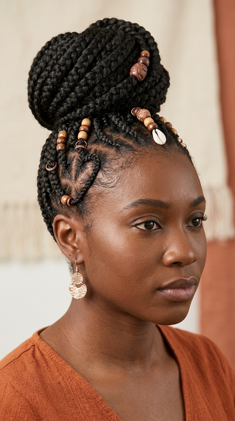 High Bun with Heart-Shaped Temple Braids