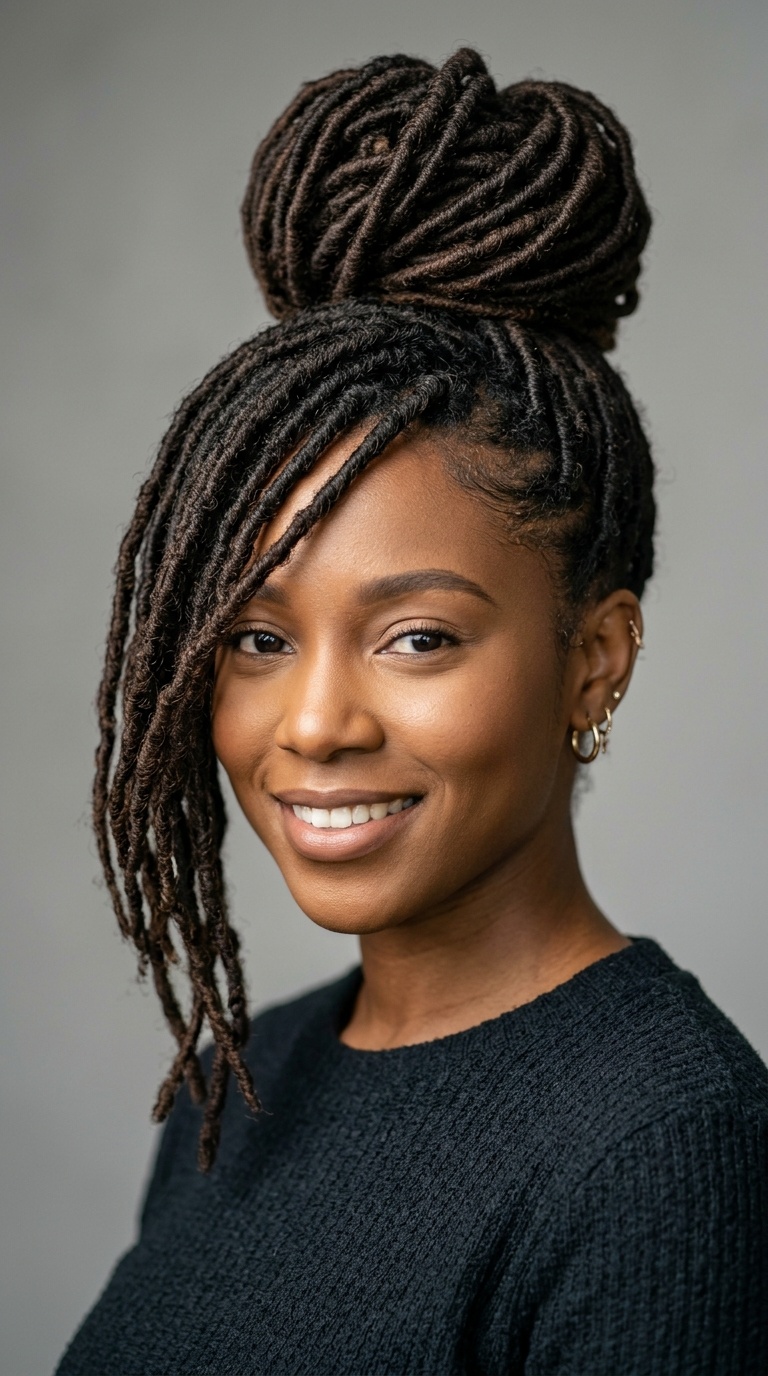 High Loc Bun with Side-Swept Bangs