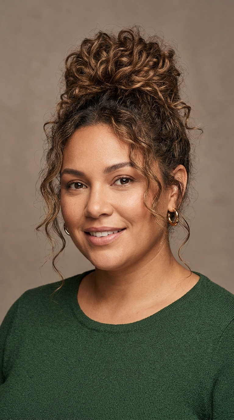 High Messy Bun with Face-Framing Tendrils