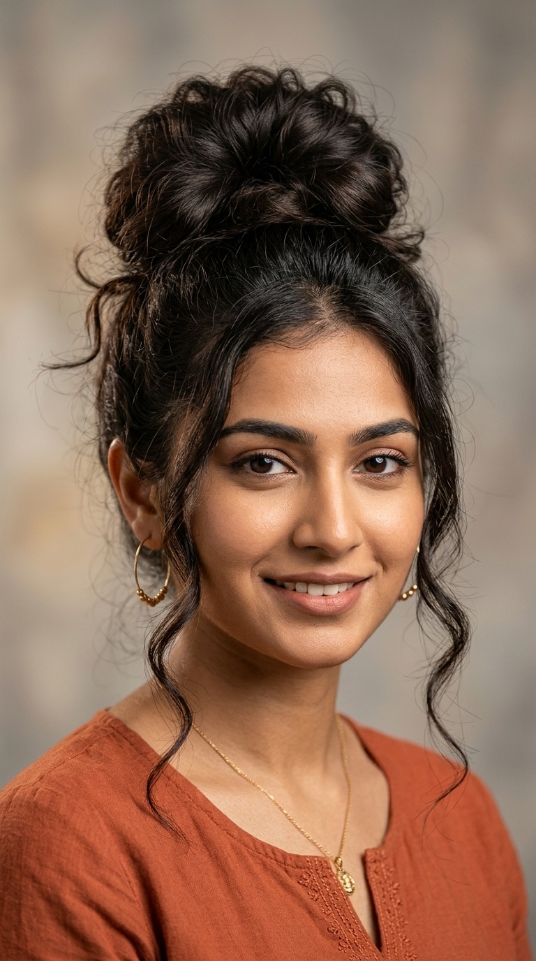 High Messy Bun with Face-Framing Tendrils
