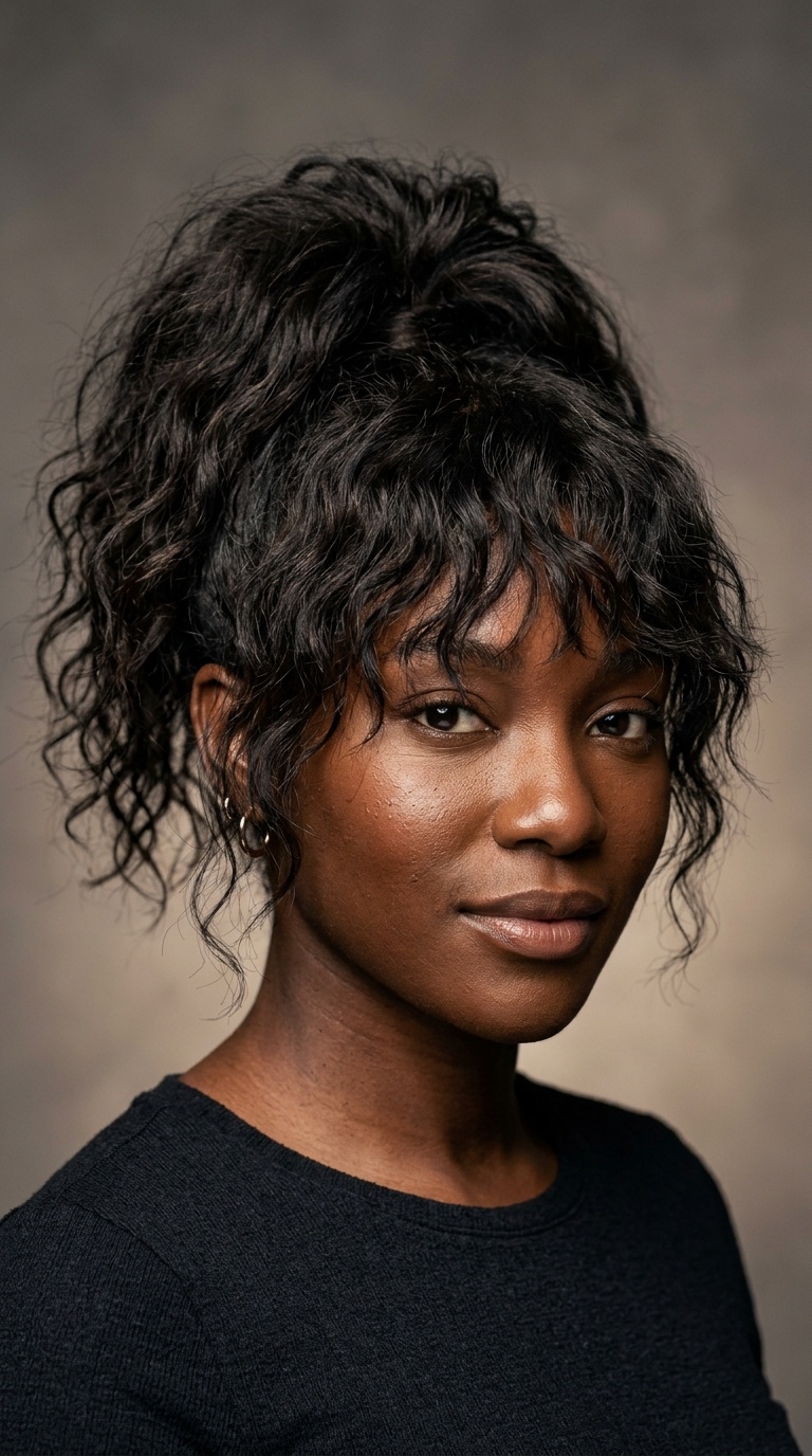High Messy Ponytail with Beach Waves and Shaggy Bangs