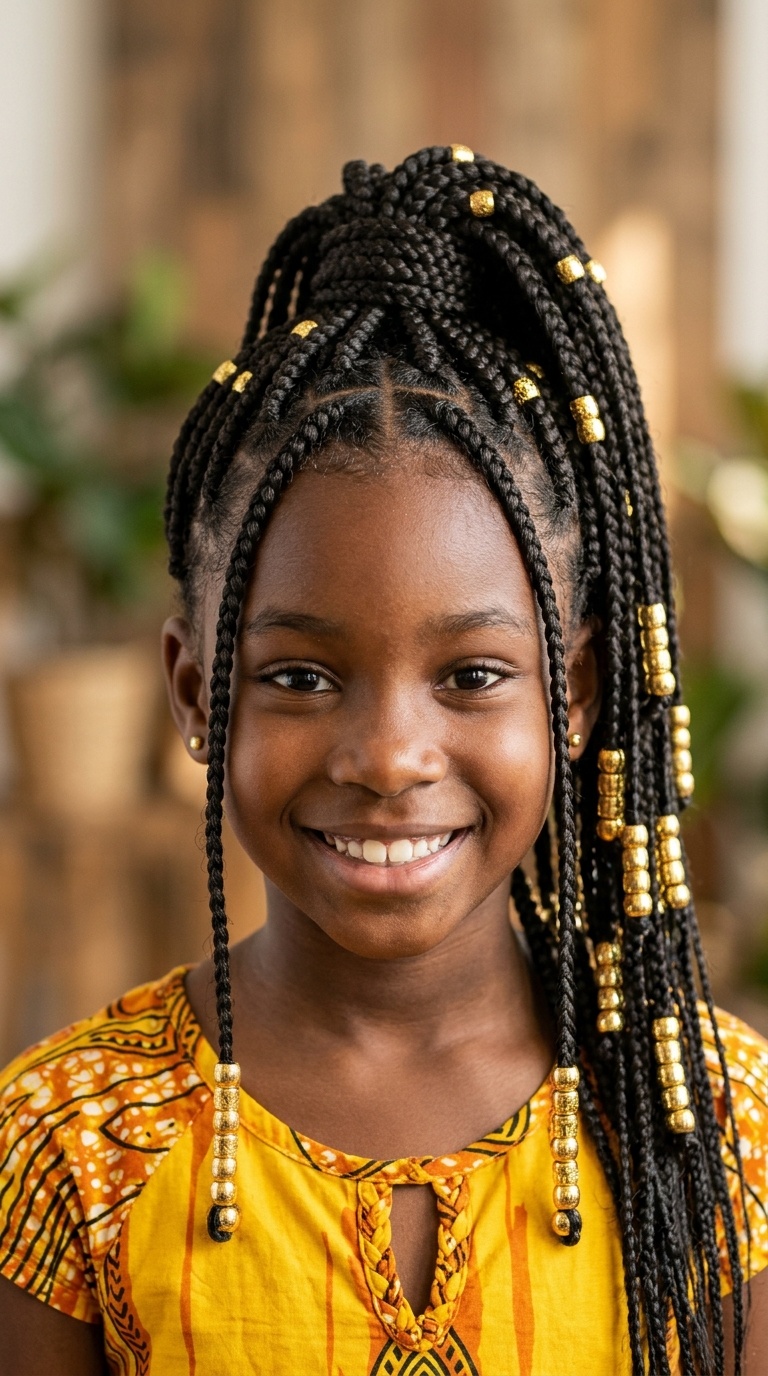 High Ponytail Box Braids with Golden Beads