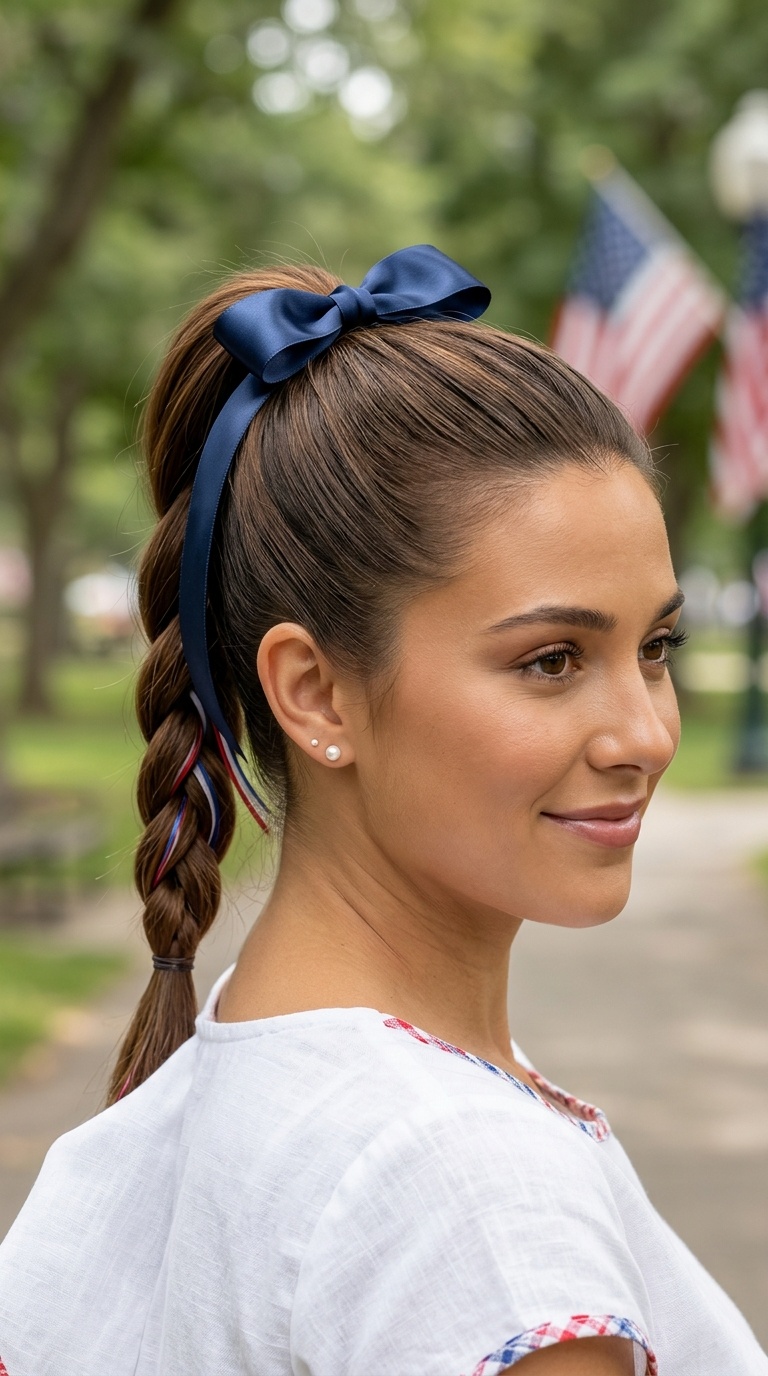 High Ponytail Braid with Satin Bow Finisher