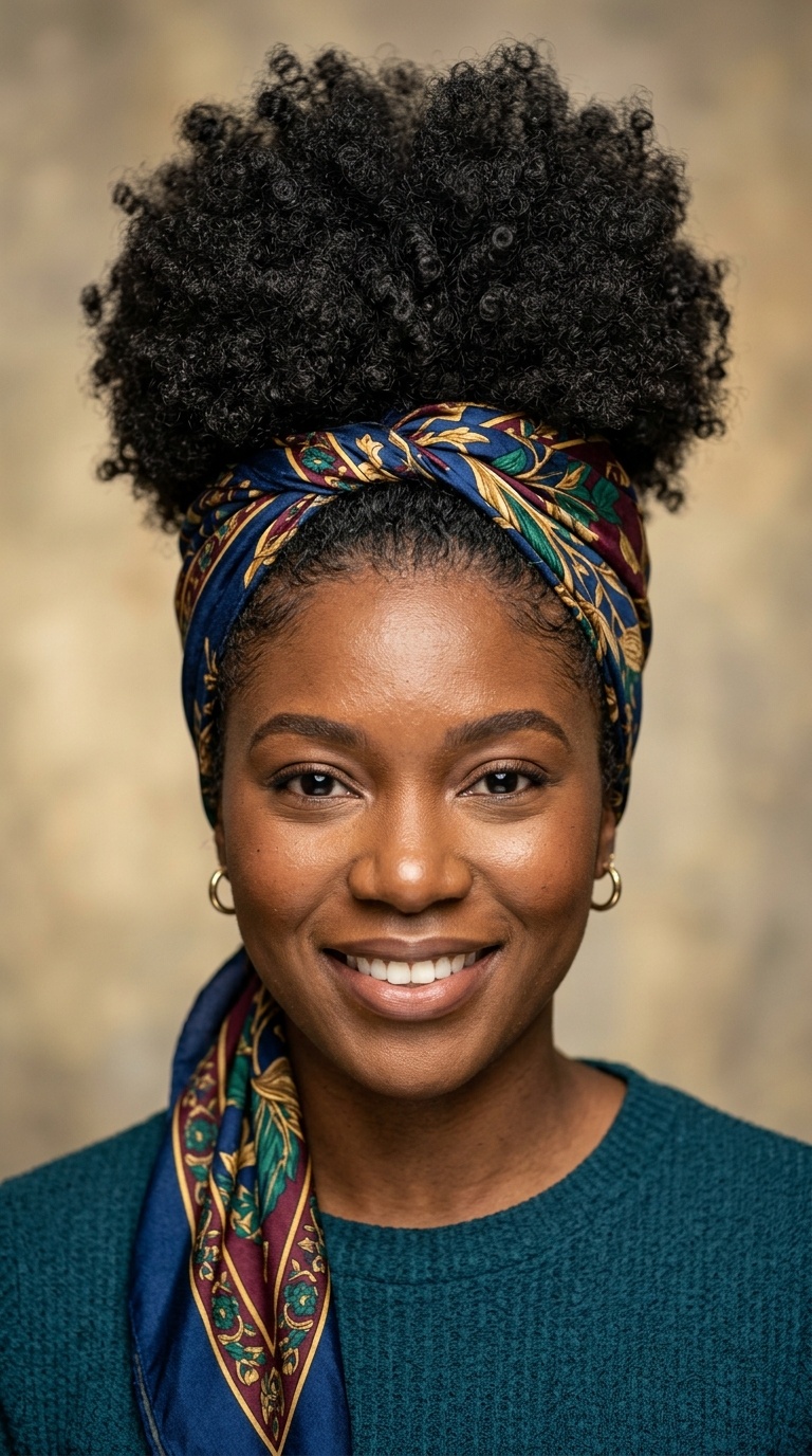 High Puff with a Decorative Scarf
