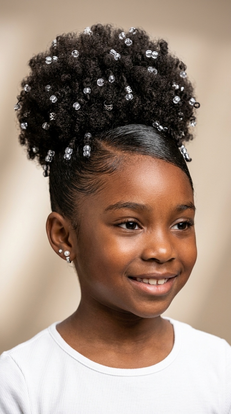High Puff with Sleek Side Swoop and Crystal Beads