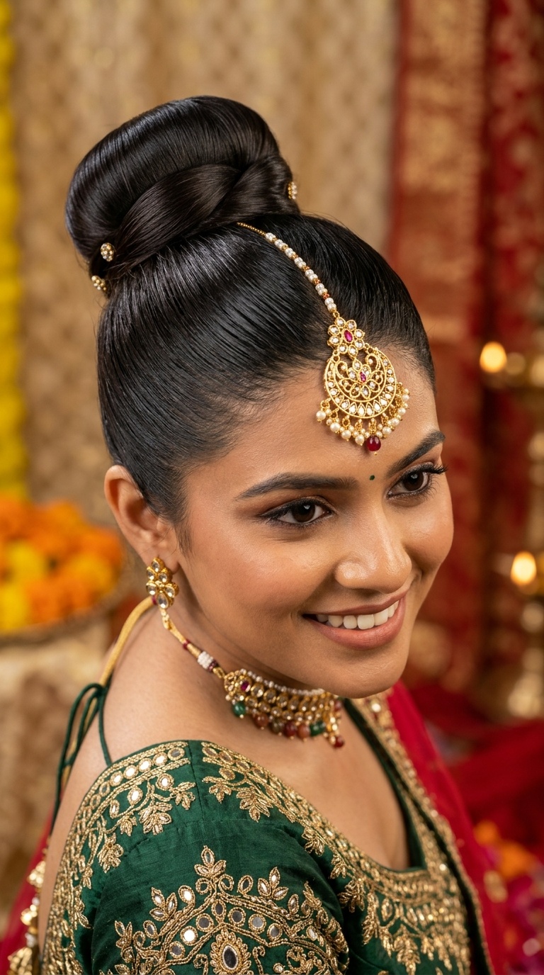 High Sleek Bun with Maang Tikka