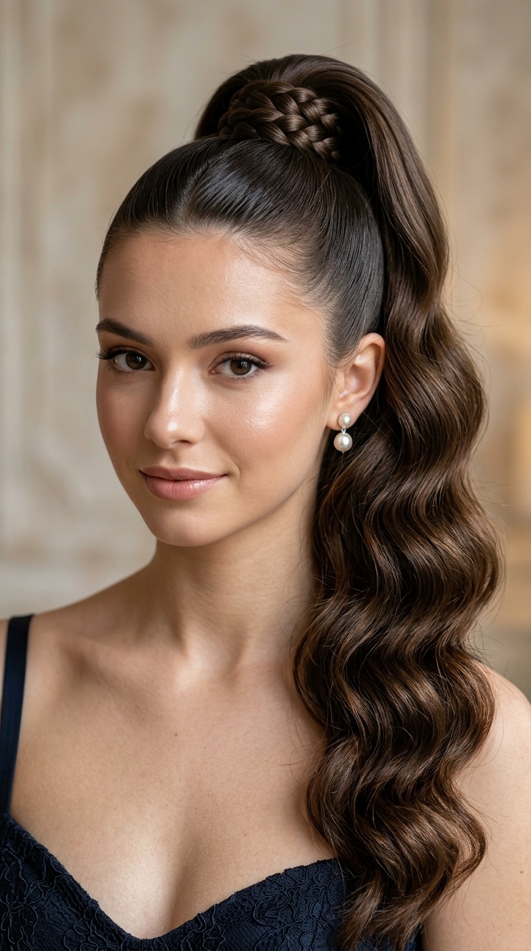 High Sleek Ponytail with Braided Base and Waves