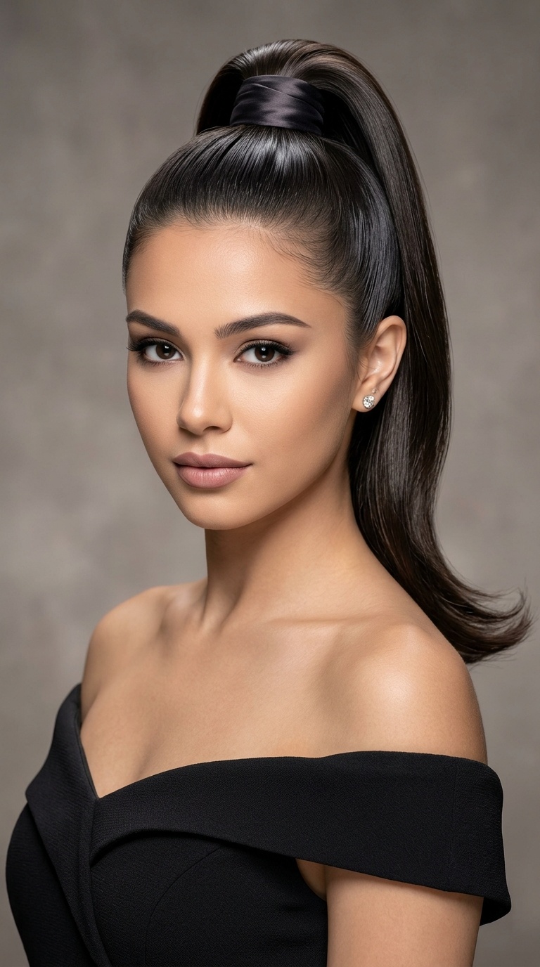 High Sleek Ponytail with Hair Wrap