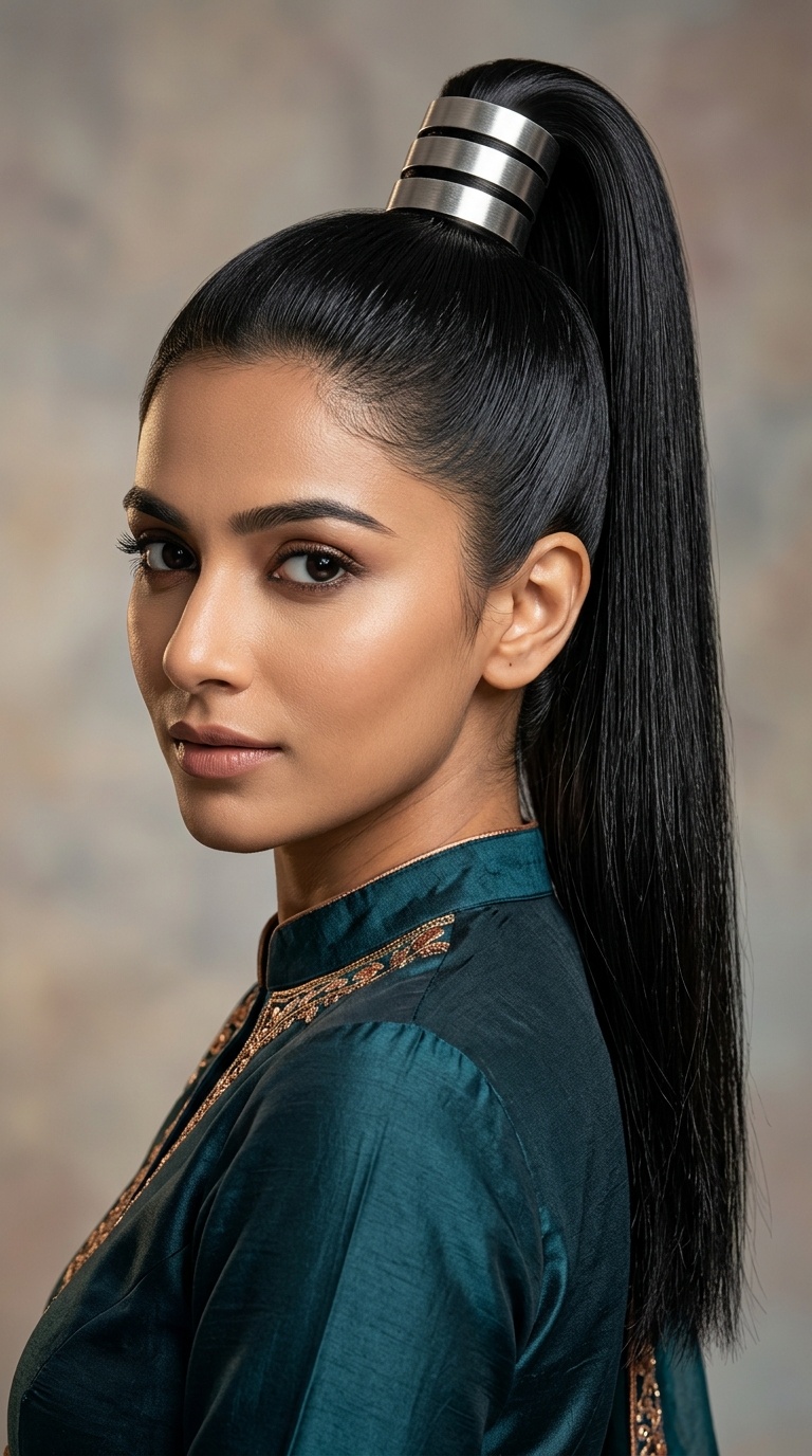 High Sleek Ponytail with Metallic Cuffs