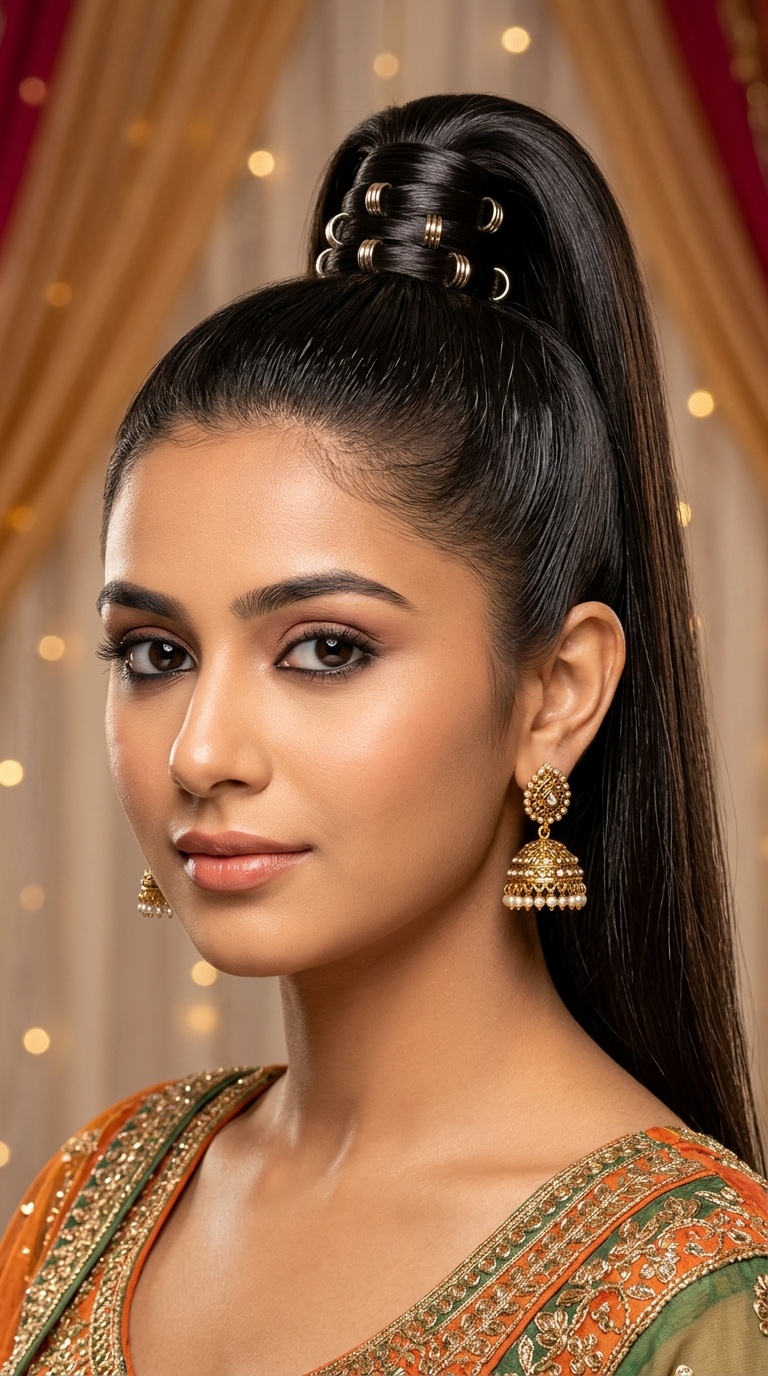High Sleek Ponytail with Metallic Rings
