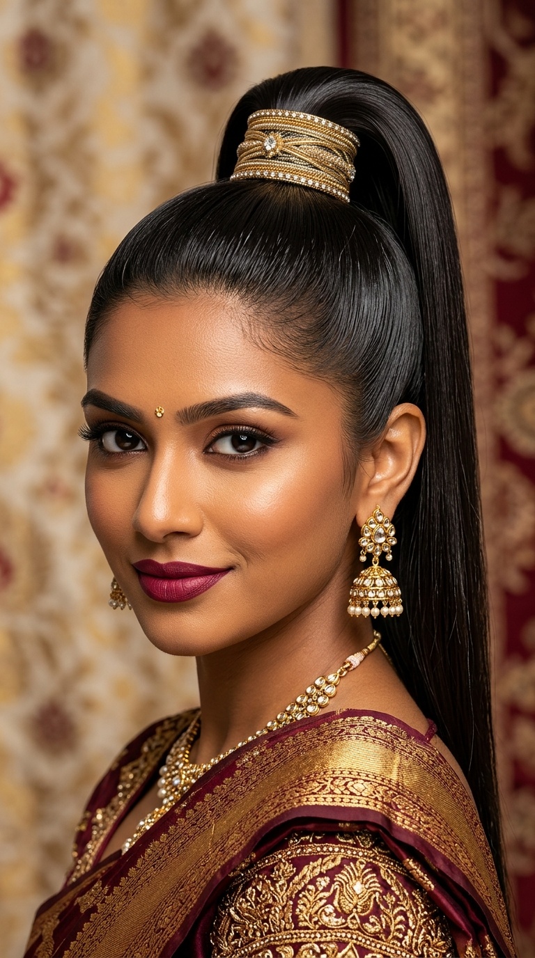 High Sleek Ponytail with Metallic Wrap