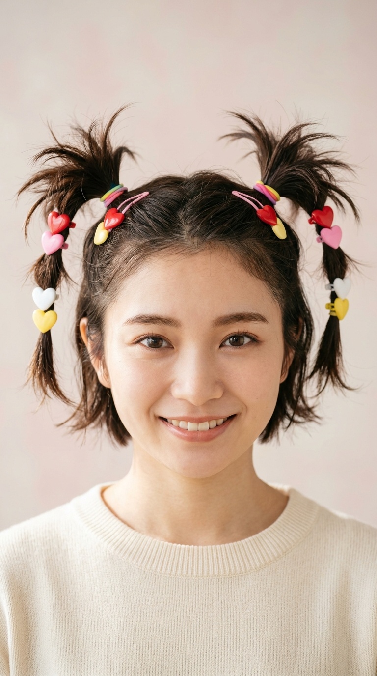 High Spiky Pigtails with Heart-Shaped Sliders