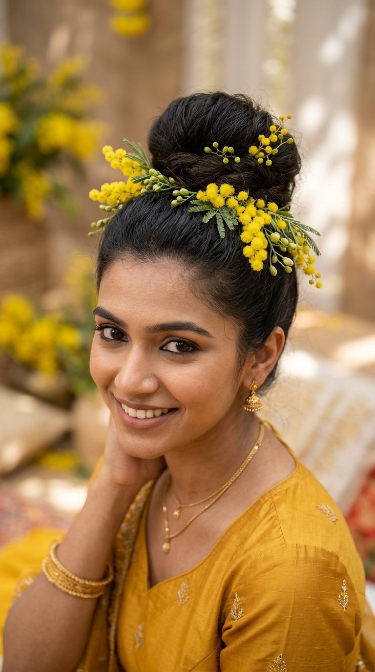 High Top-Knot with Mimosa Sprigs