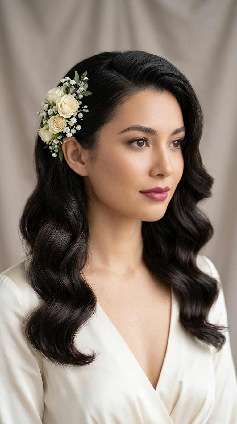 Hollywood Glam Waves with a Floral Side Tuck