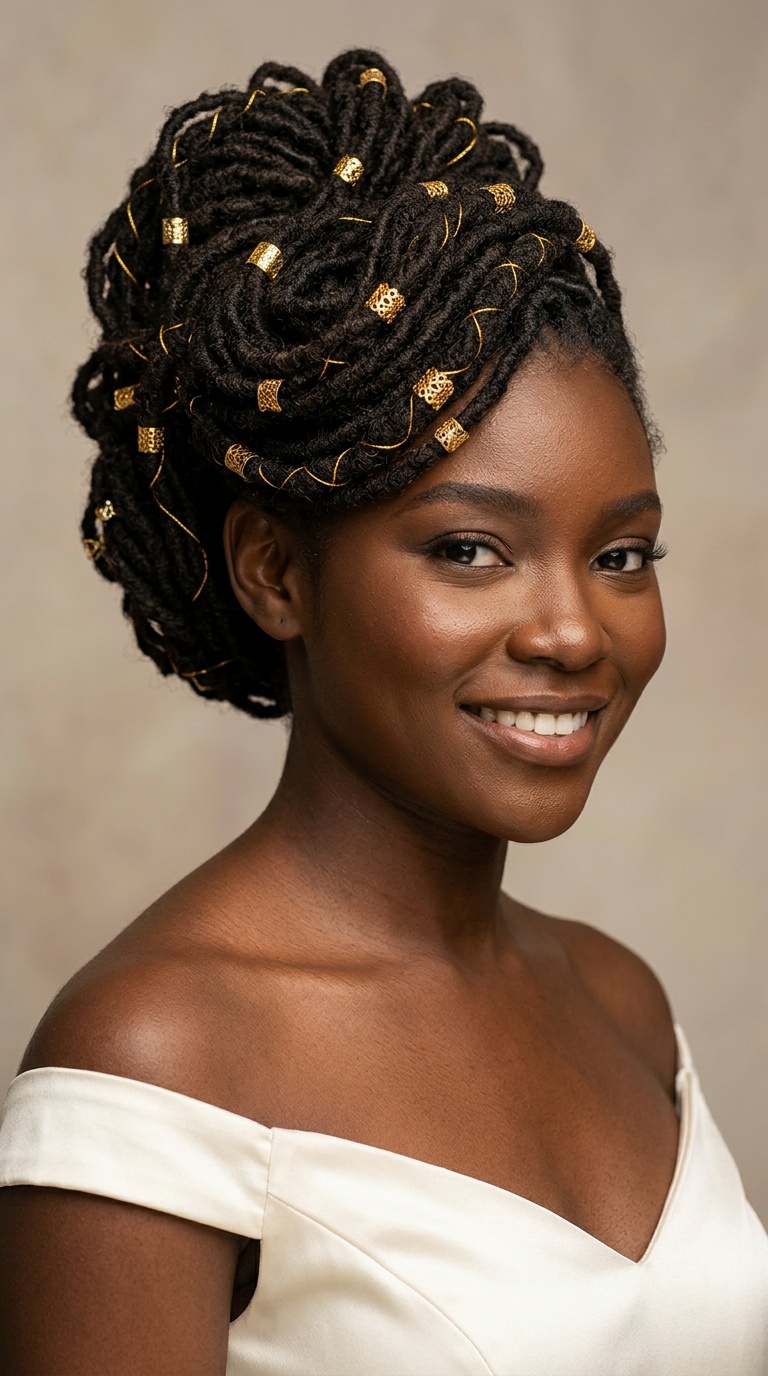 Intricate Loc Updo with Gold Accents
