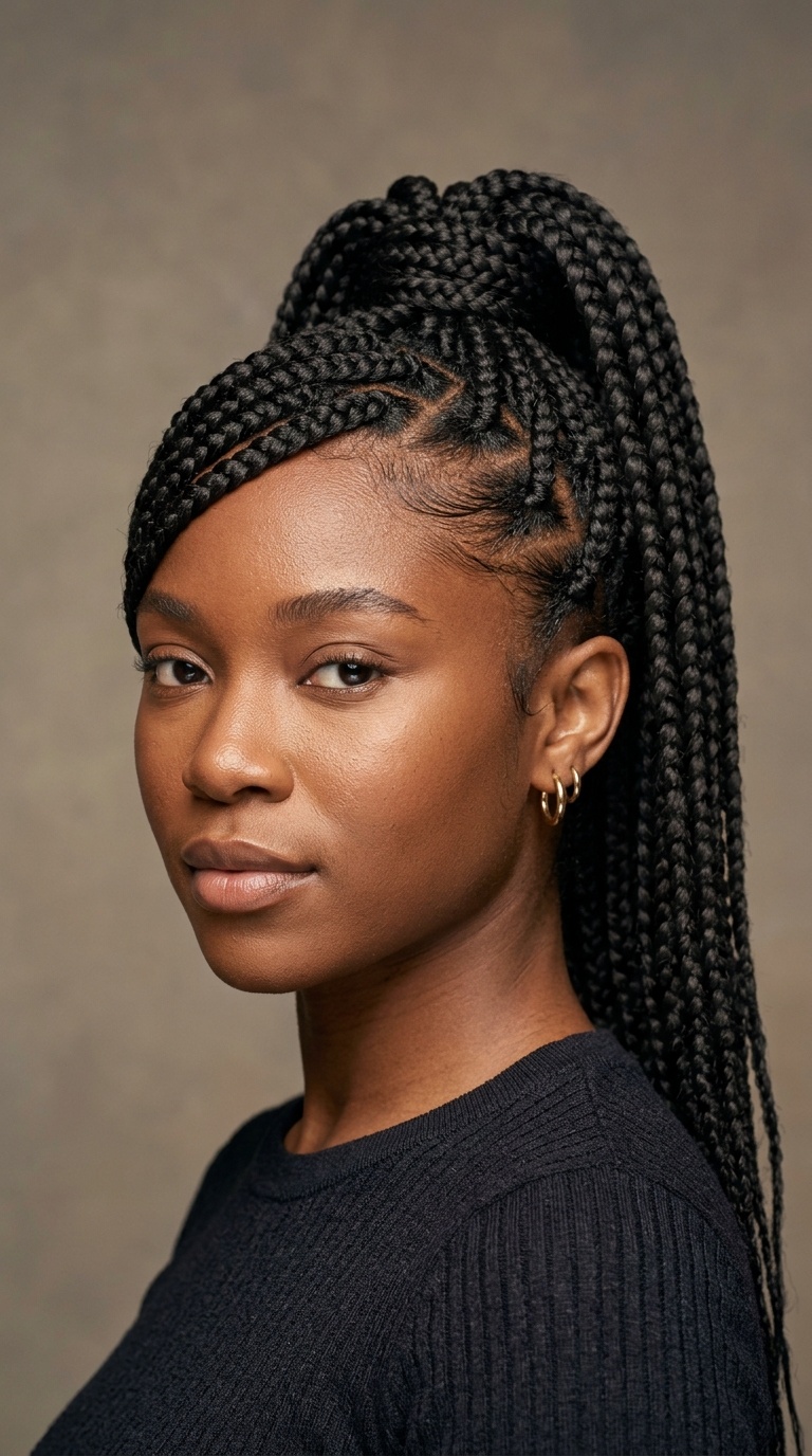 Jumbo Box Braid Ponytail with Side-Swept Accents