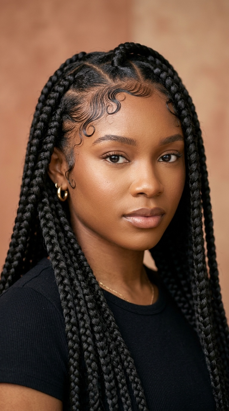Jumbo Box Braids with Swirled Edges