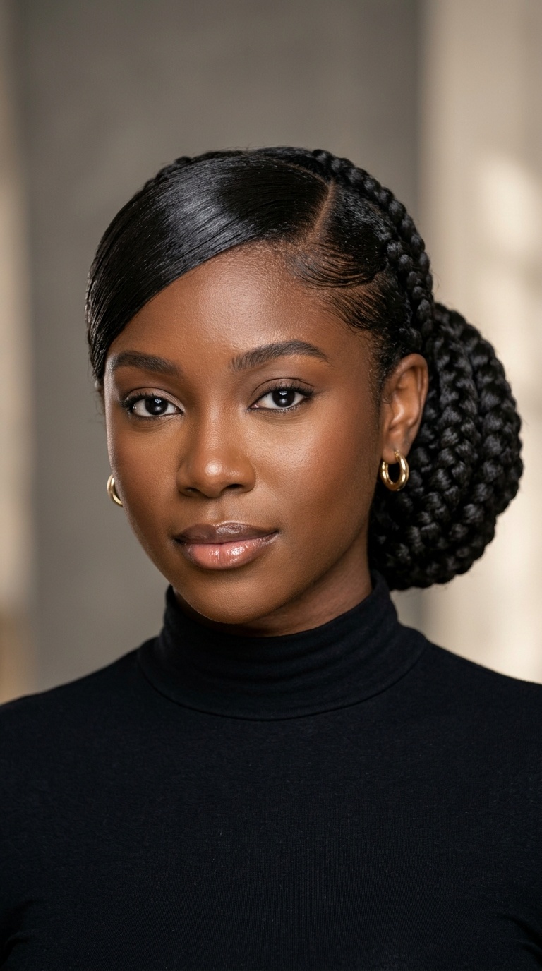 Jumbo Braided Low Bun with Slicked Side Bangs