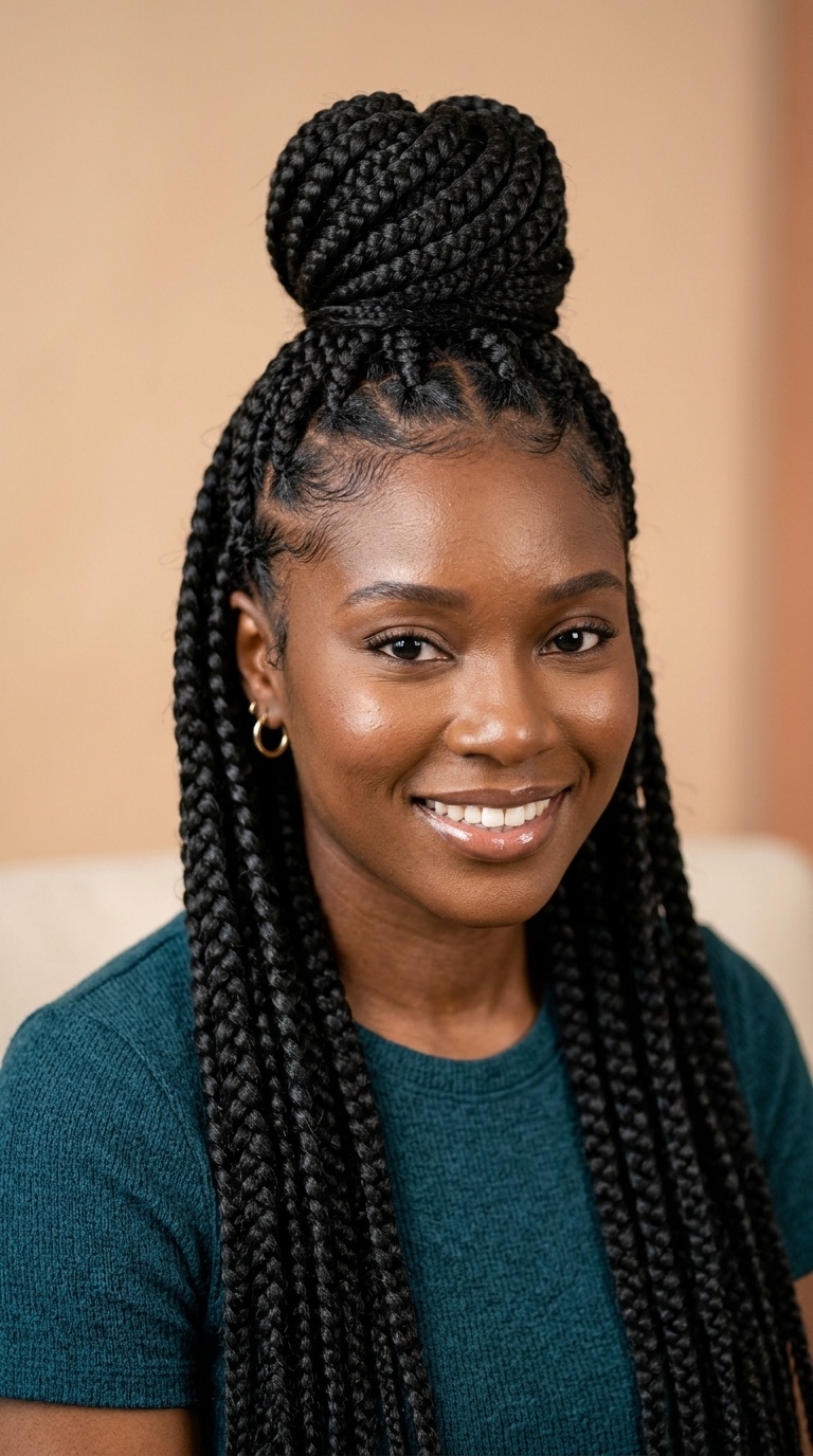 Jumbo Knotless Braids with a Top Knot